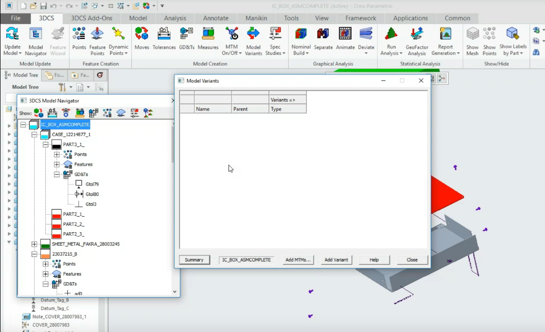 Model Variant Dialog in 3DCS for CREO